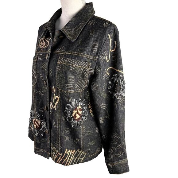 Alex Kim Embroidered Denim Jacket Large Washed Black Tan - Picture 3 of 11